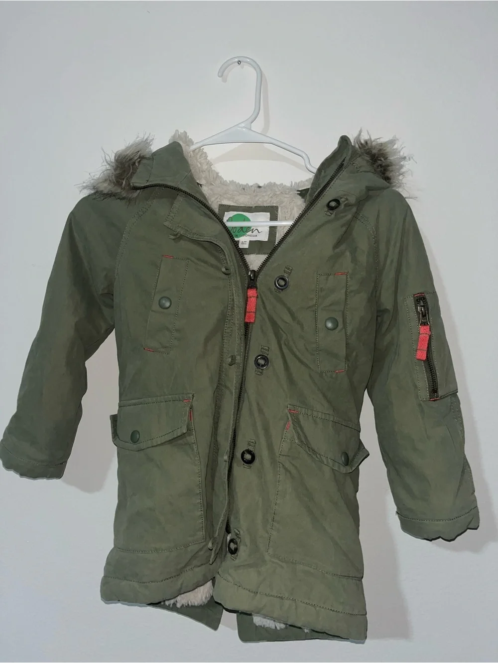 Boden Olive Green Faux Fur Hooded Puffer Jacket for Kids
